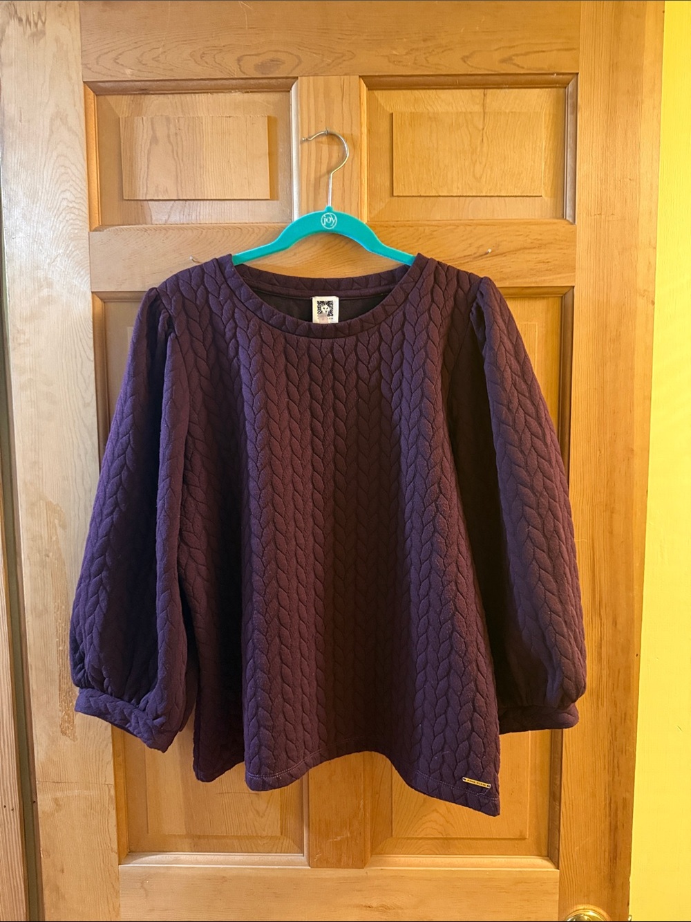 Anne Klein Quilted Puff-Sleeve Crew Sweater - Deep Plum